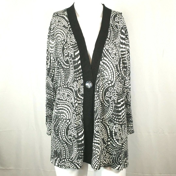 Chicos Cardigan Womens Sz 3 US XL 16 Black White Linen Blend Knit Sweater - Picture 1 of 7